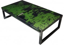Three quarter view of an industrial table made with the trunk of a Pontiac Parisienne 1966 car.