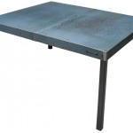 Three quarter view of a table made with the hood of an unknown pale blue car by Oxyd Factory.