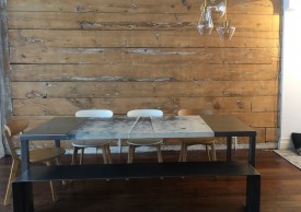 Table made by Oxyd with the hood of a 1964 white and grey Pontiac Laurentian seen in its new home.